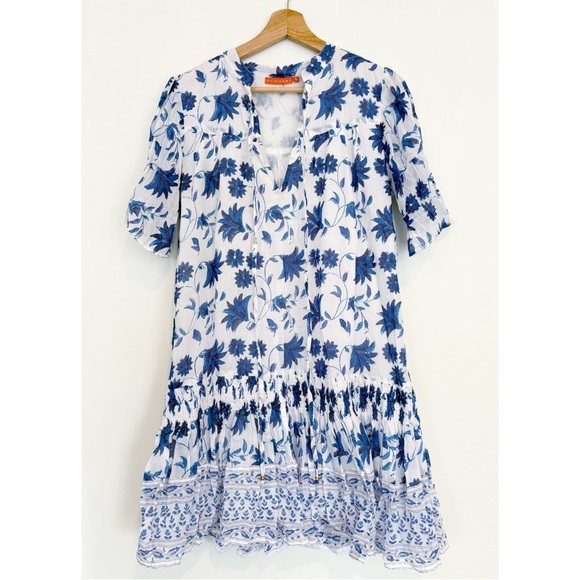 Oliphant Dresses & Skirts - OLIPHANT‎ || Smocked Drop Mini Dress in Marion Blue Block Print Floral White S